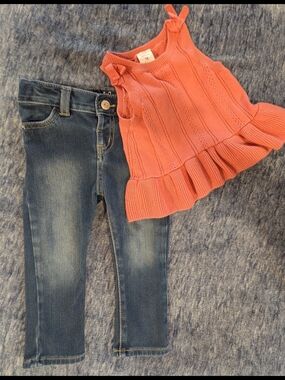 Cat & Jack Girls Denim Jeans in Blue And Coral Knit Tank Top